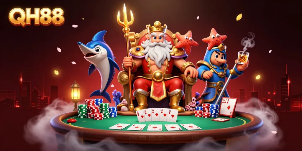 Play games with QH88, featuring Neptune and vibrant poker elements in an exciting casino scene!