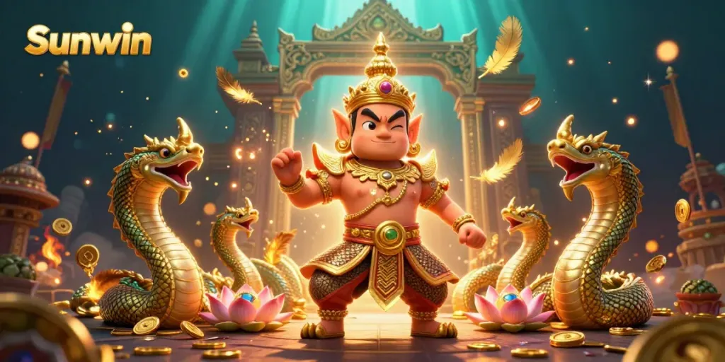 Engage with Sunwin through a vibrant 3D illustration showcasing a Thai guardian amid gold coins and fiery elements.