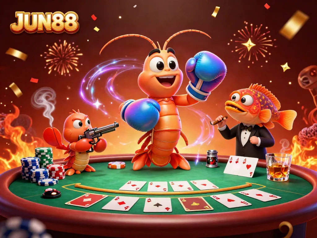 Join the excitement at JUN88 with a vibrant poker scene featuring unique sea creature characters.