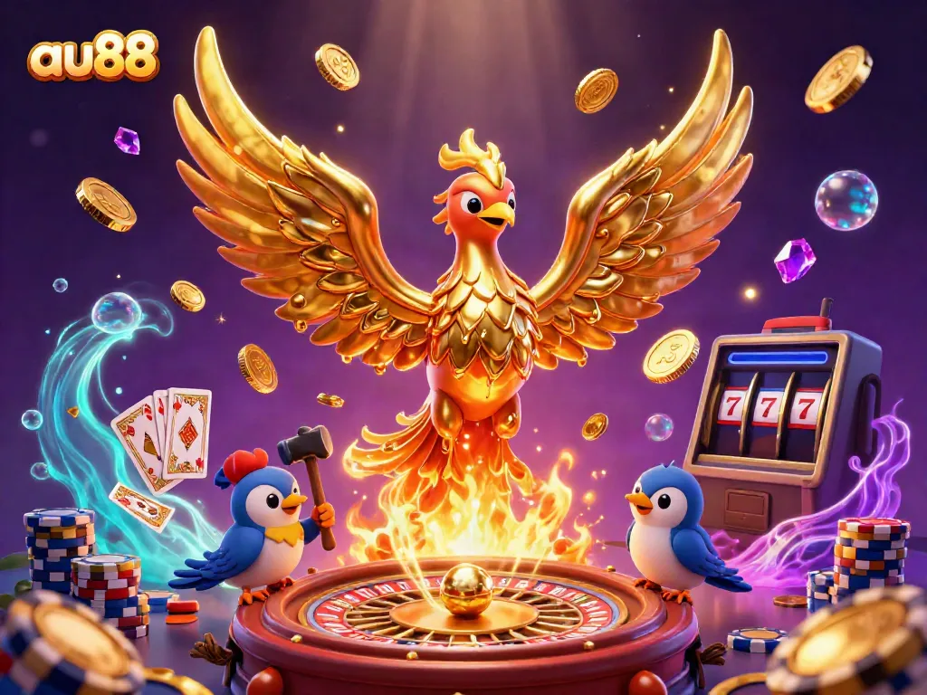 Experience thrilling gaming at au88, where a golden phoenix rises with riches amidst vibrant casino elements.