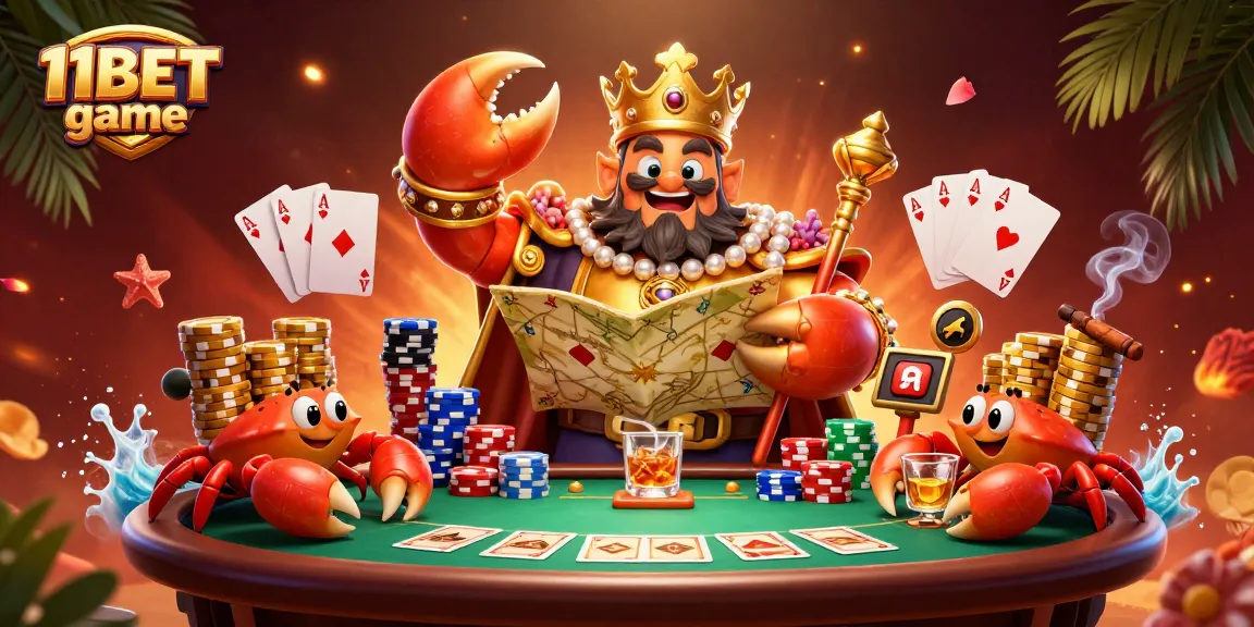 Experience the excitement of 11BET game with a golden crab emperor in a vibrant casino scene.
