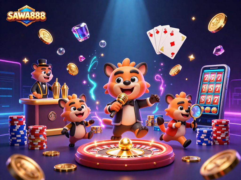 Engage with SAWA888's vibrant casino scene featuring hyenas as entertainers amidst cascading gold and gems.