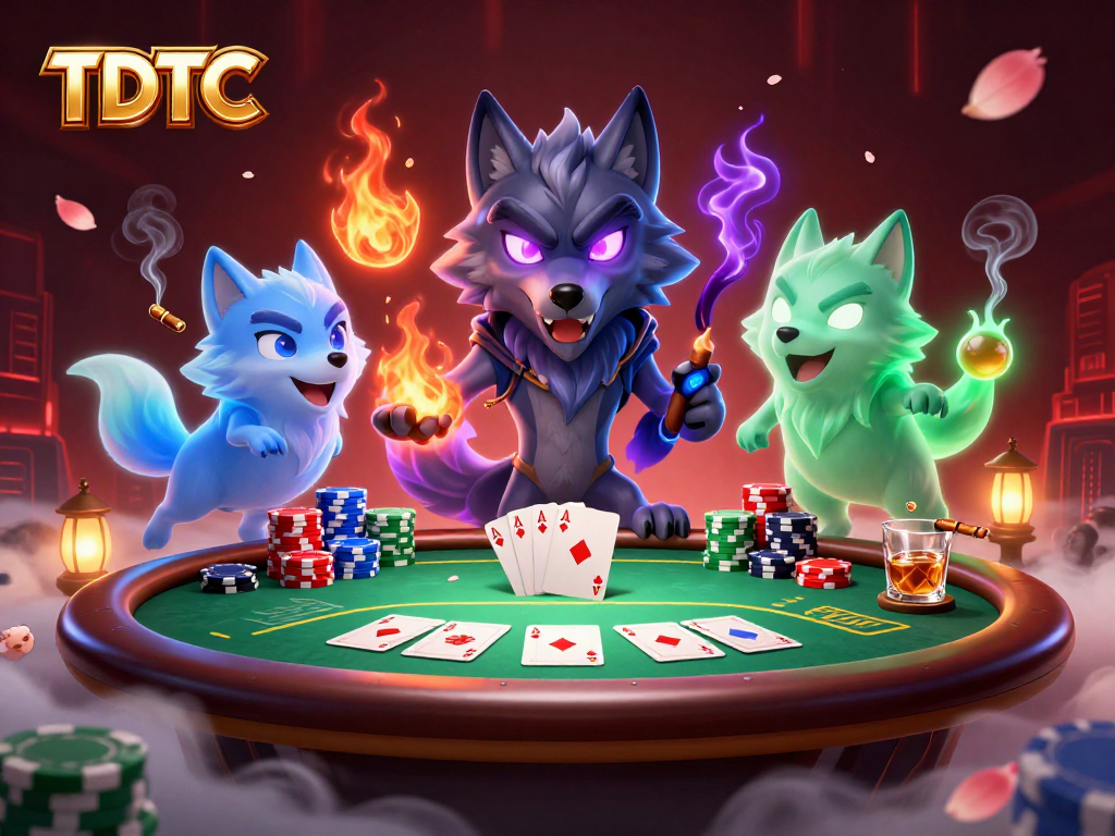 Experience the thrill of TDTC poker with ghostly wolves and vibrant casino elements.