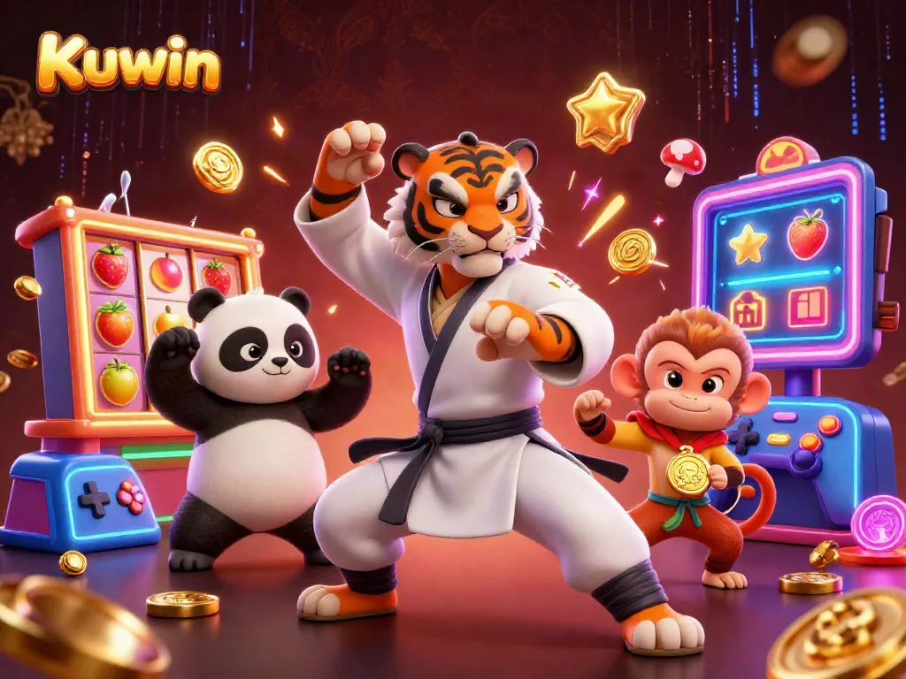 Kuwin's vibrant scene features gaming characters surrounded by colorful slot machines and jackpots.