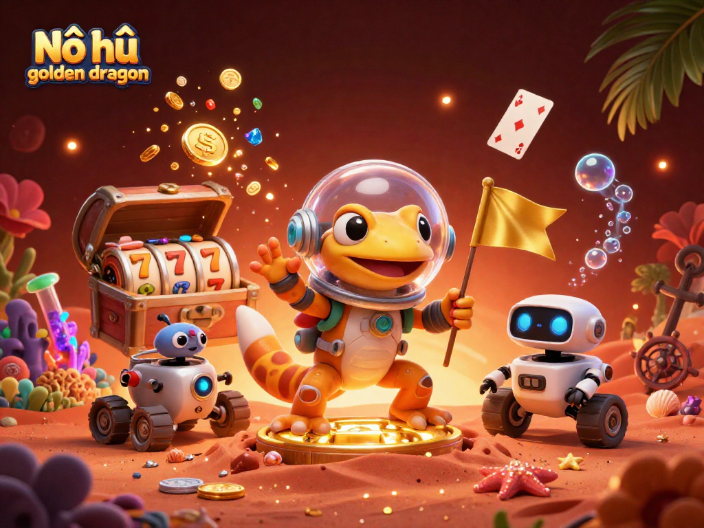 Nổ hũ golden dragon slot reel illustration with Martian gecko uncovering treasures