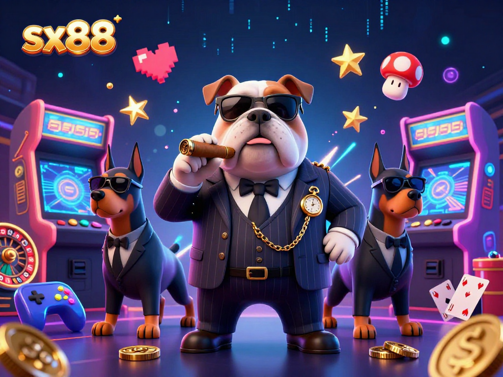 Experience the thrill of sx88 casino with a lively 3D illustration of a mafia bulldog and Doberman bodyguards amidst vibrant gaming elements.