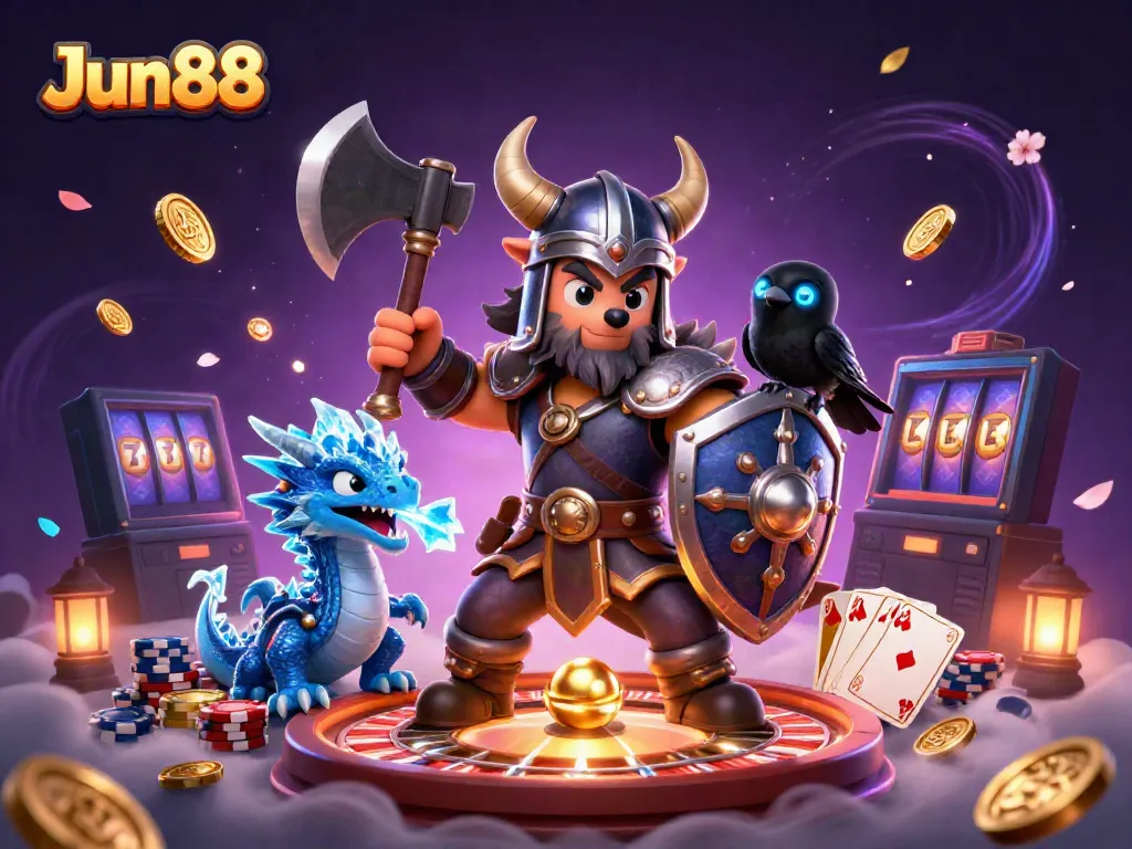 Engage in thrilling bets at Jun88 surrounded by dynamic casino elements and cartoon characters.