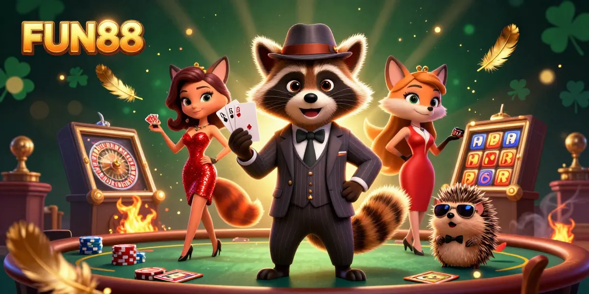 Experience the excitement of FUN88 with a stunning 3D illustration showcasing a casino scene filled with action.
