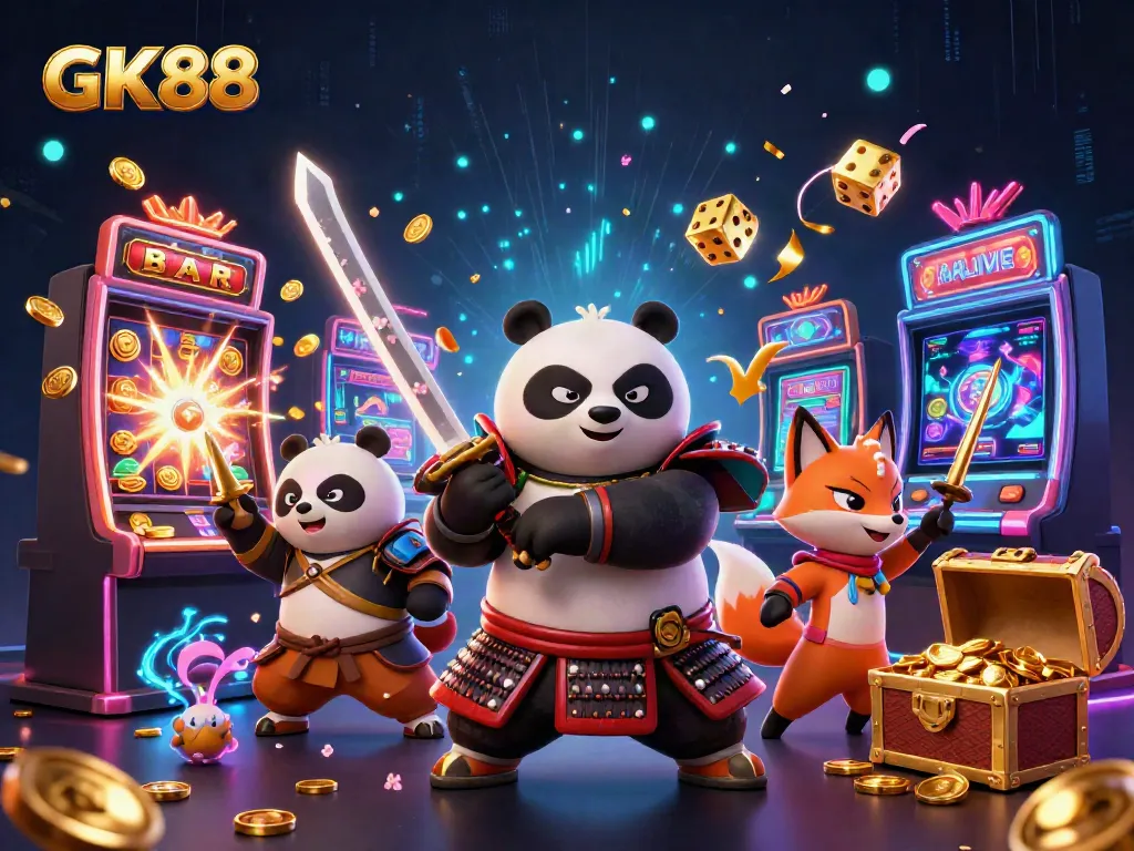 GK88 themed illustration of a samurai panda and ninja fox in a vibrant casino setting.