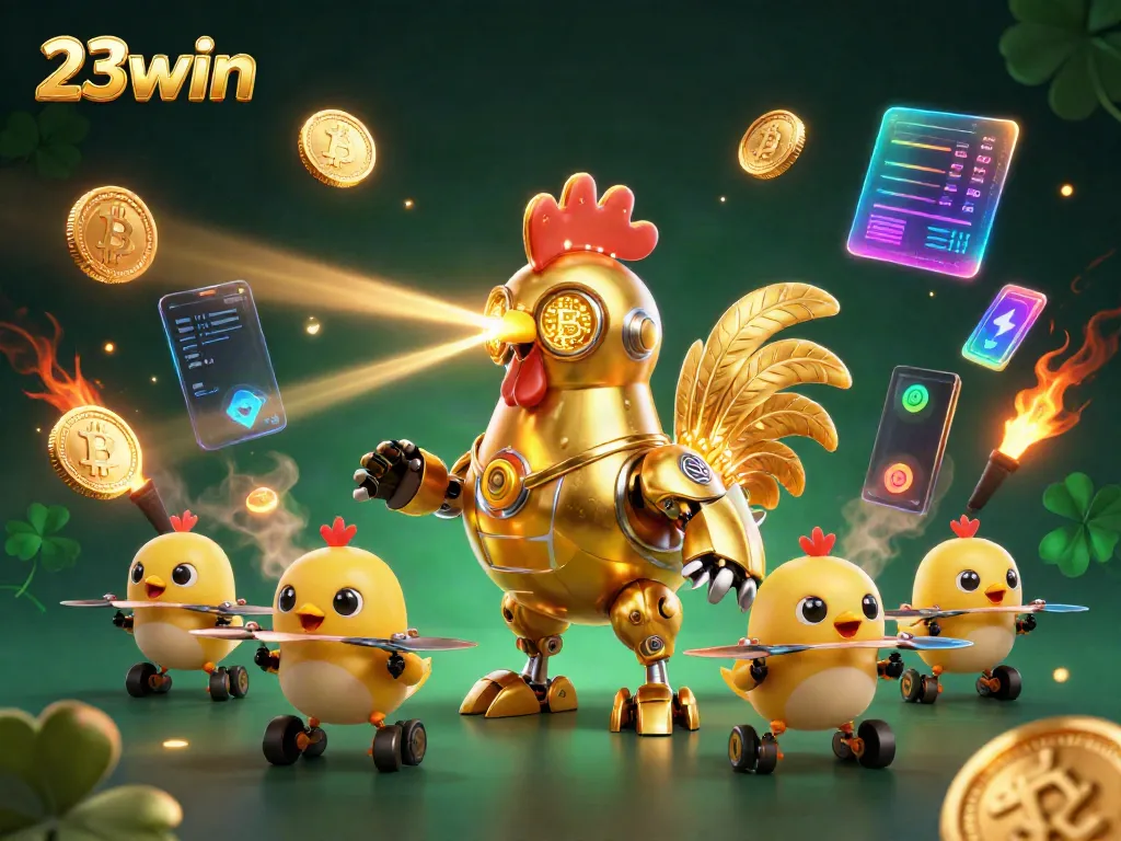 Engage with 23win's vibrant casino world featuring a golden rooster robot and cryptocurrencies.