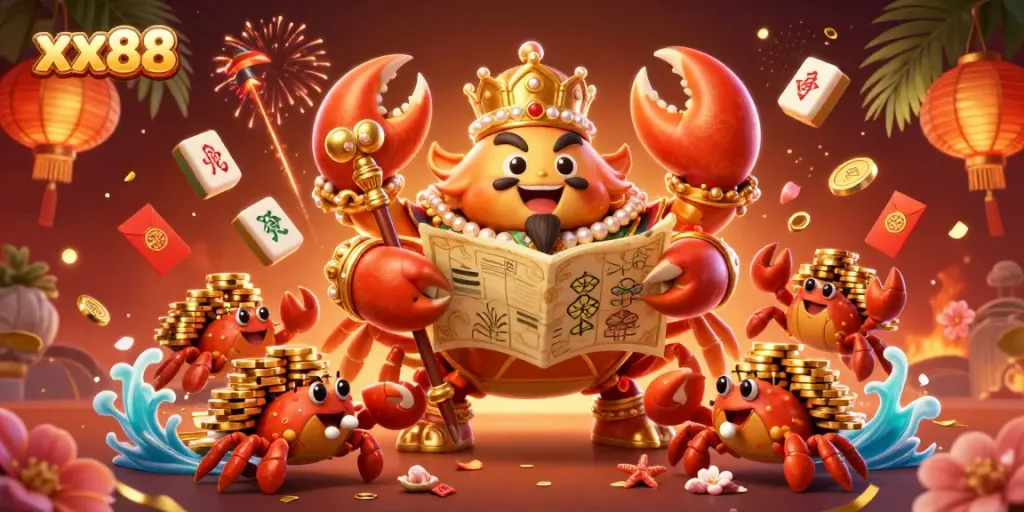 Experience the thrilling world of xx88 with vibrant gaming elements and a majestic emperor crab.