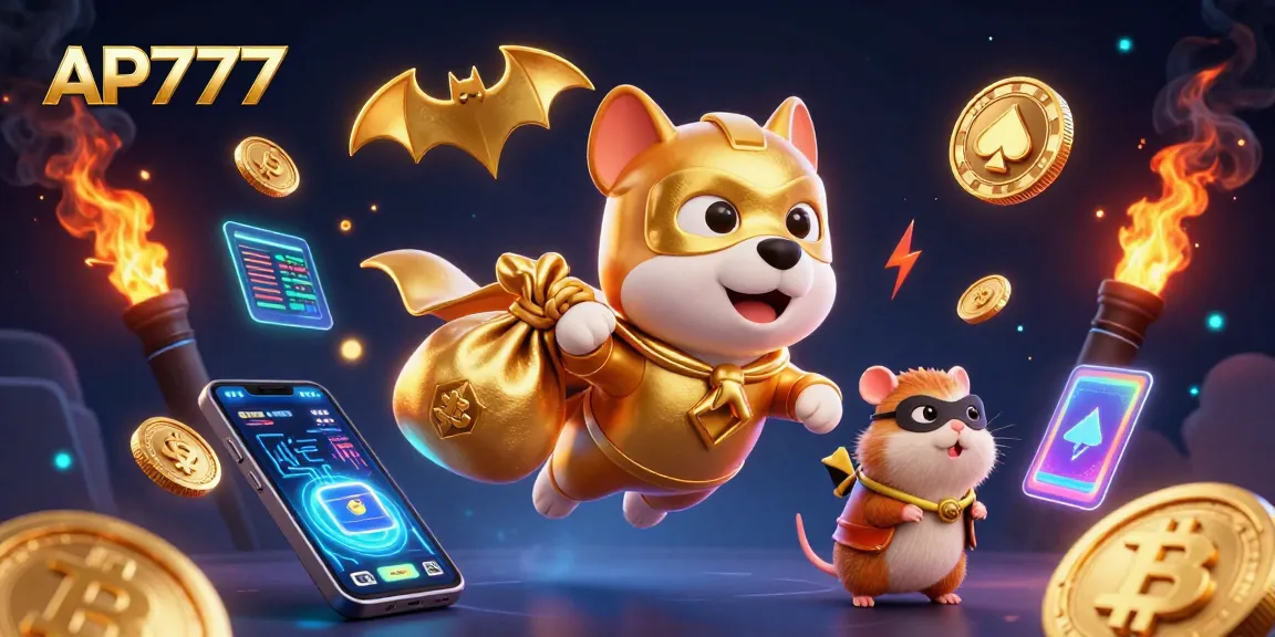 AP777 showcases a cartoon superhero dog flying with gold coins amidst dynamic crypto symbols.