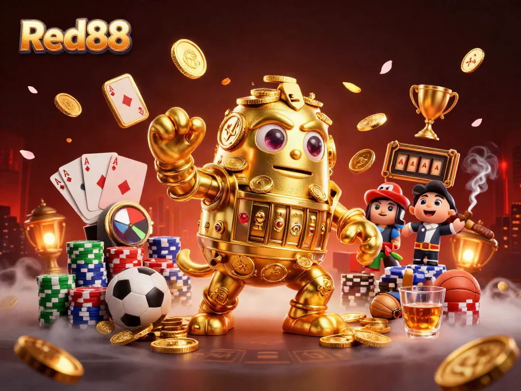 Engage in thrilling gambling action at Red88 with a vibrant 3D illustration showcasing dynamic casino elements.