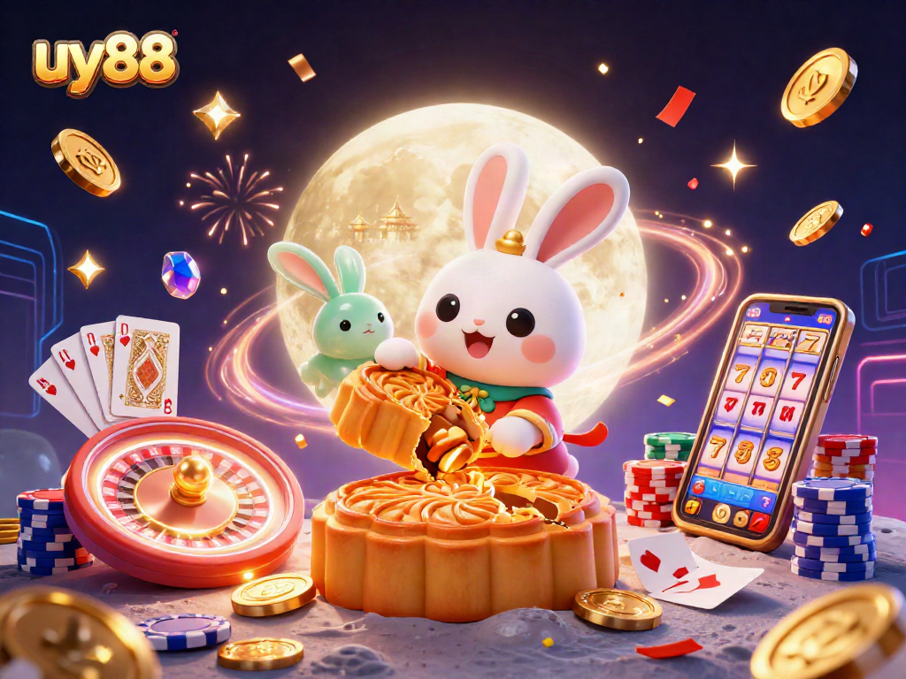 Spin to win at uy88 with a dazzling lunar casino scene featuring vibrant poker chips and golden coins.