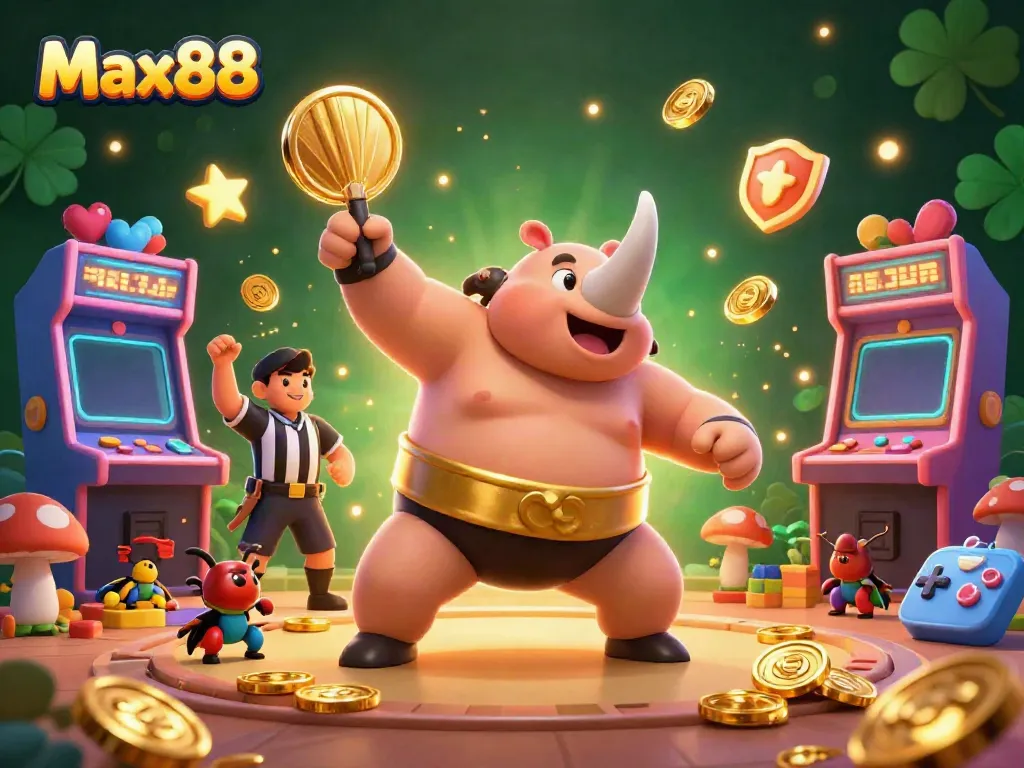 Experience the excitement of Max88 with a dynamic 3D scene of a sumo beetle champion amidst casino-themed gameplay.