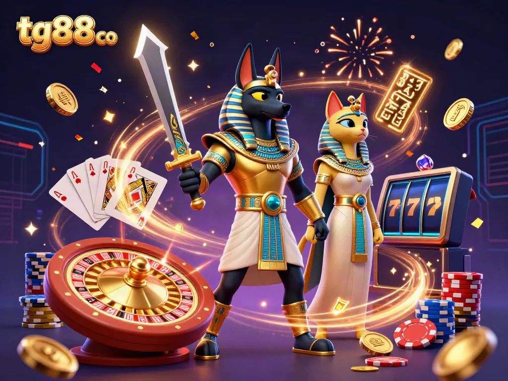 Experience the thrilling world of tg88 co, featuring Anubis and Bastet in a vibrant casino scene with golden coins and fun gaming elements.