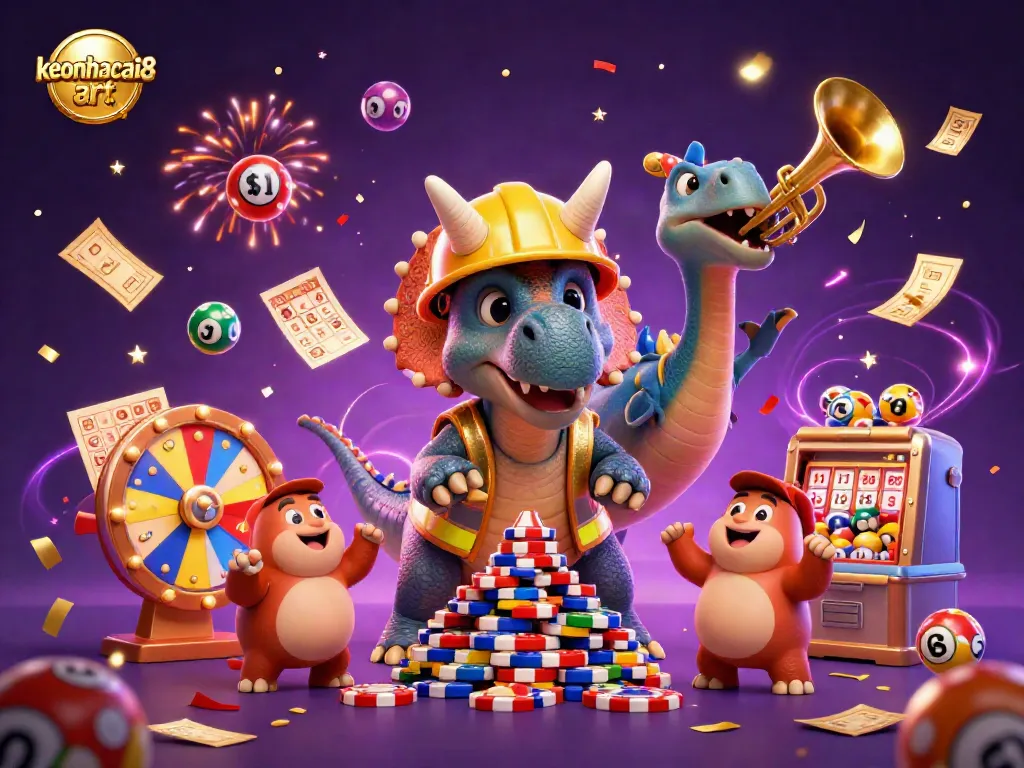 Experience the thrilling world of keonhacai8 art with a vibrant celebration of lively casino elements and characters.
