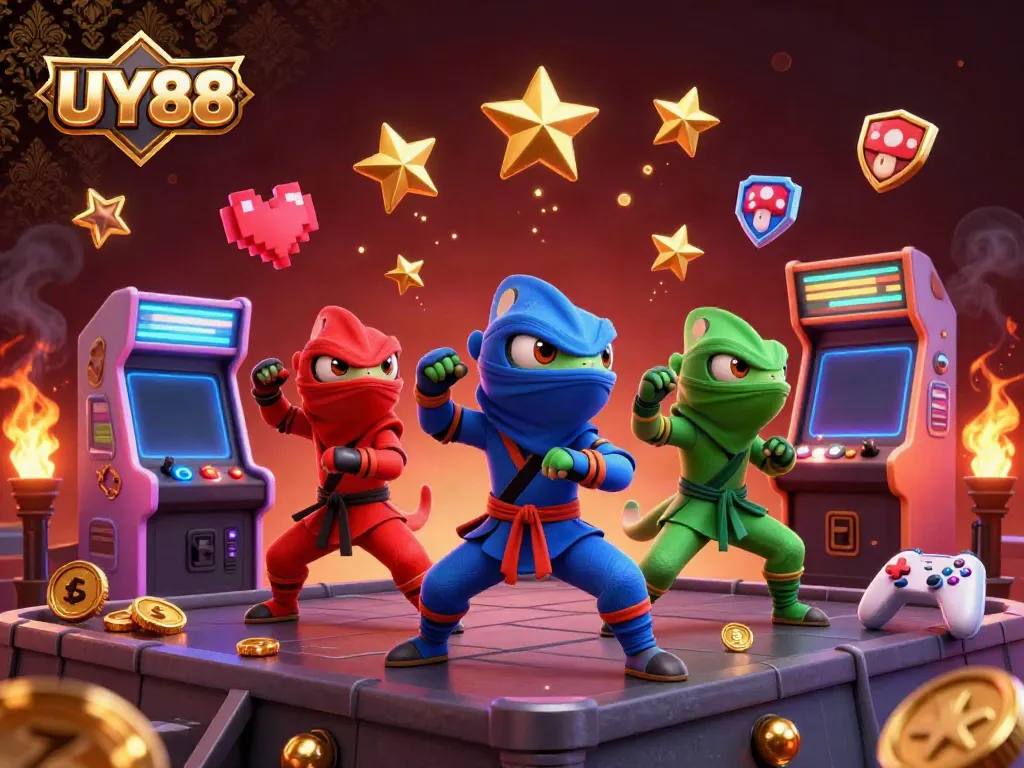 Experience the UY88 gaming adventure with vibrant ninja chameleons amidst casino-themed arcade elements.