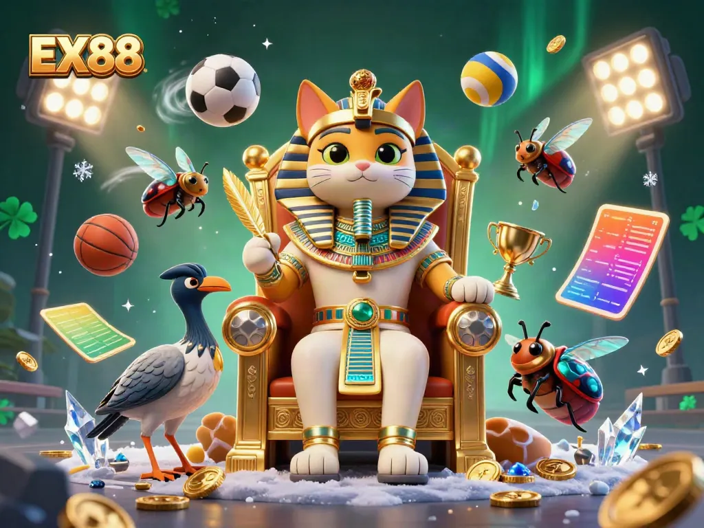 Experience EX88 with a vibrant 3D Egyptian pharaoh cat and sporty elements in a rich casino environment.