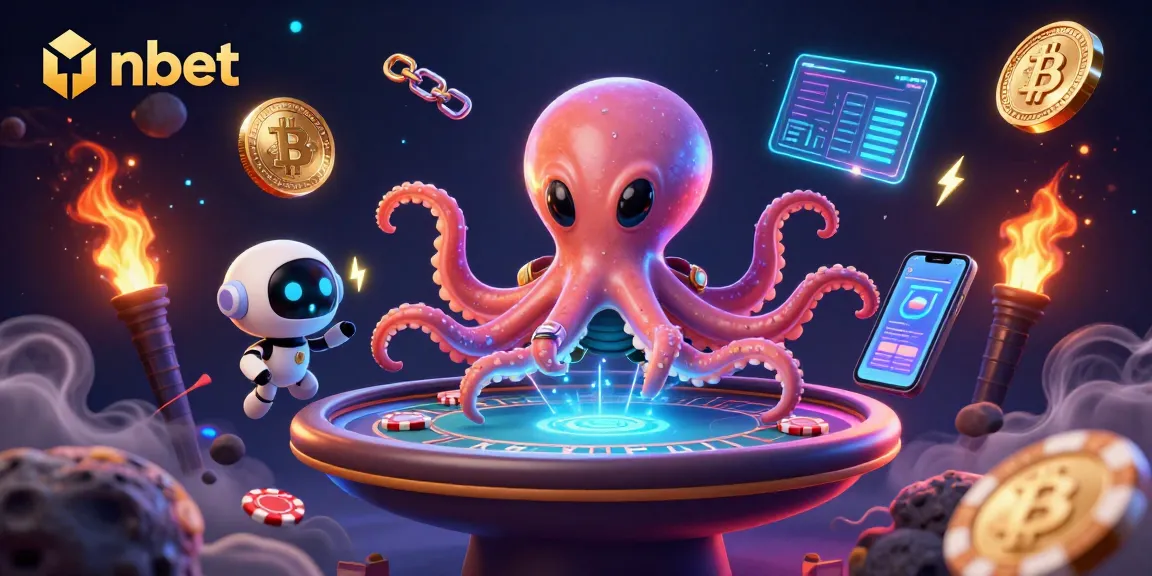 Engage in nbet action in a vibrant 3D alien casino scene with poker elements and crypto tokens.