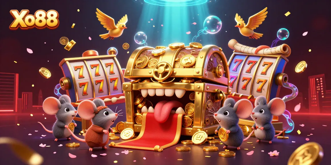 Xo88 enriches gameplay with dazzling slot reels, lucky 7s, and golden treasures in this vibrant casino scene.