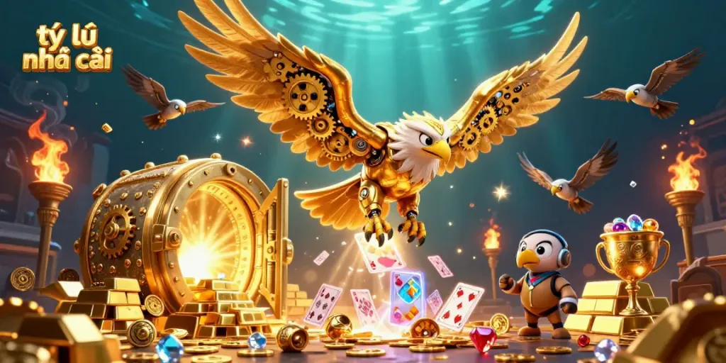 Experience the thrill of tỷ lệ nhà cái as a cybernetic eagle soars through a dazzling casino scene.