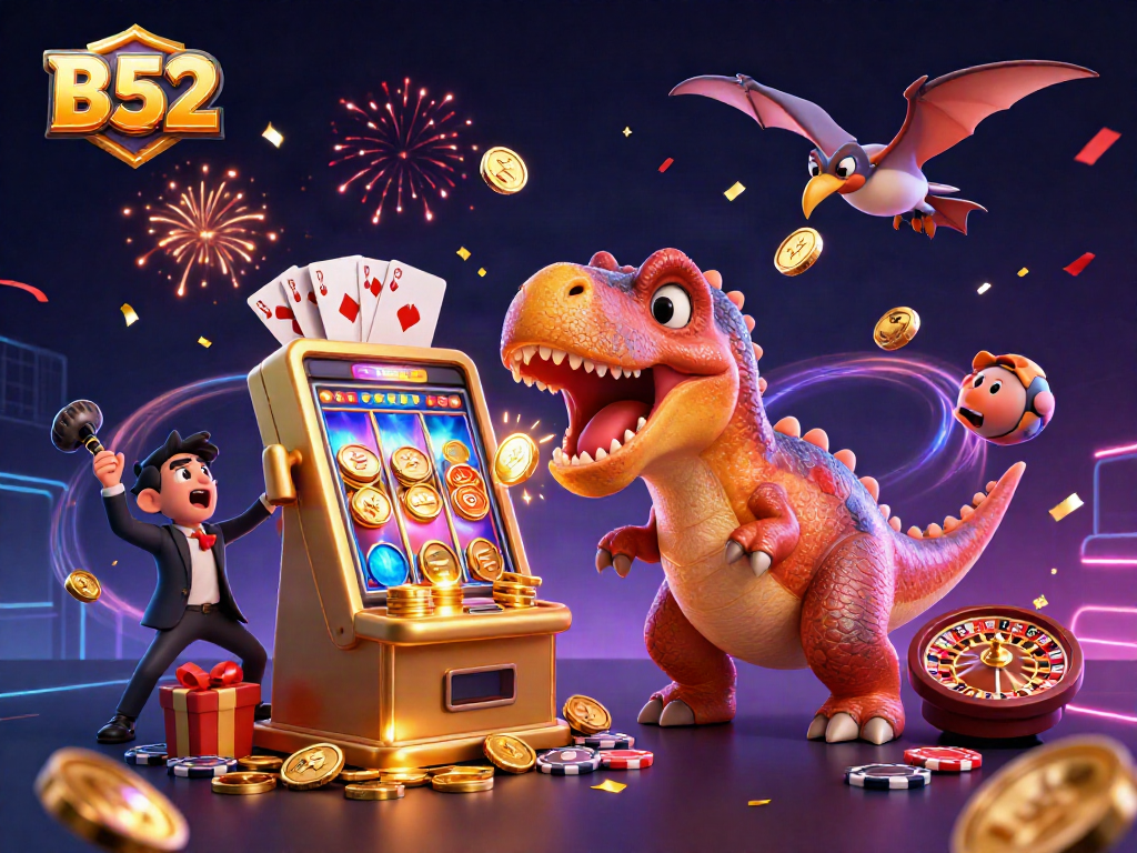B52 jackpot scene with dinosaurs celebrating wins amidst casino elements and dynamic visuals.