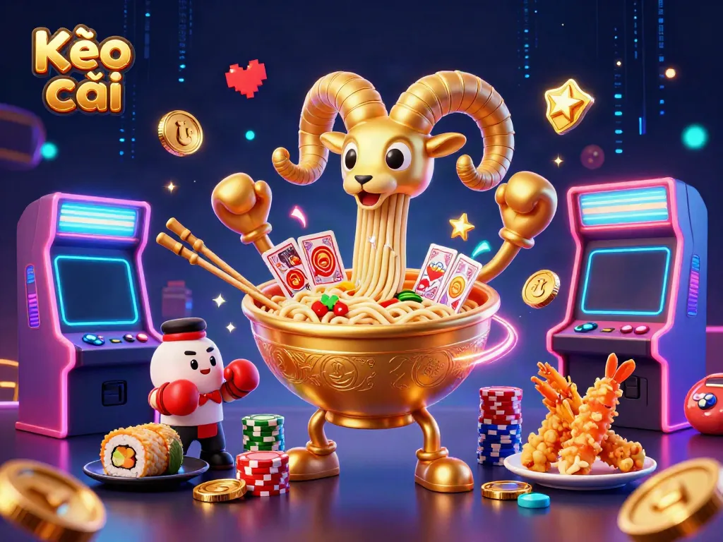 Kèo nhà cái cartoon character scene featuring a giant ramen bowl dealer in action amidst vibrant casino elements.