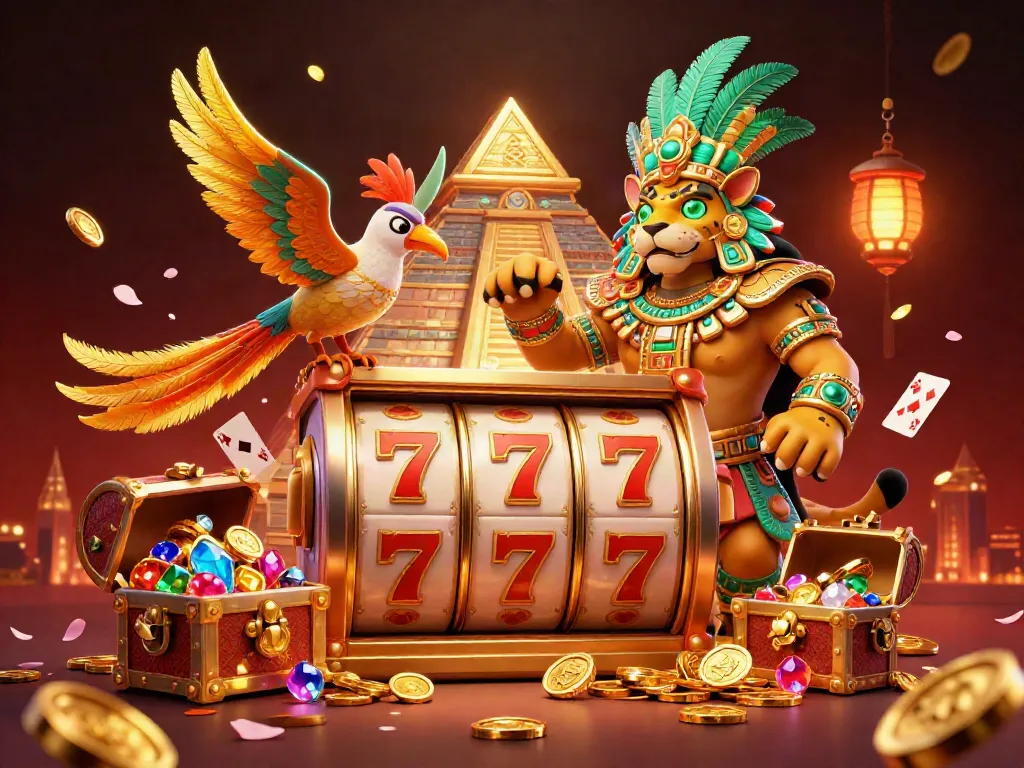Experience thrilling luck8 gameplay with dynamic slot reels and gold-filled treasures in a vibrant casino scene.