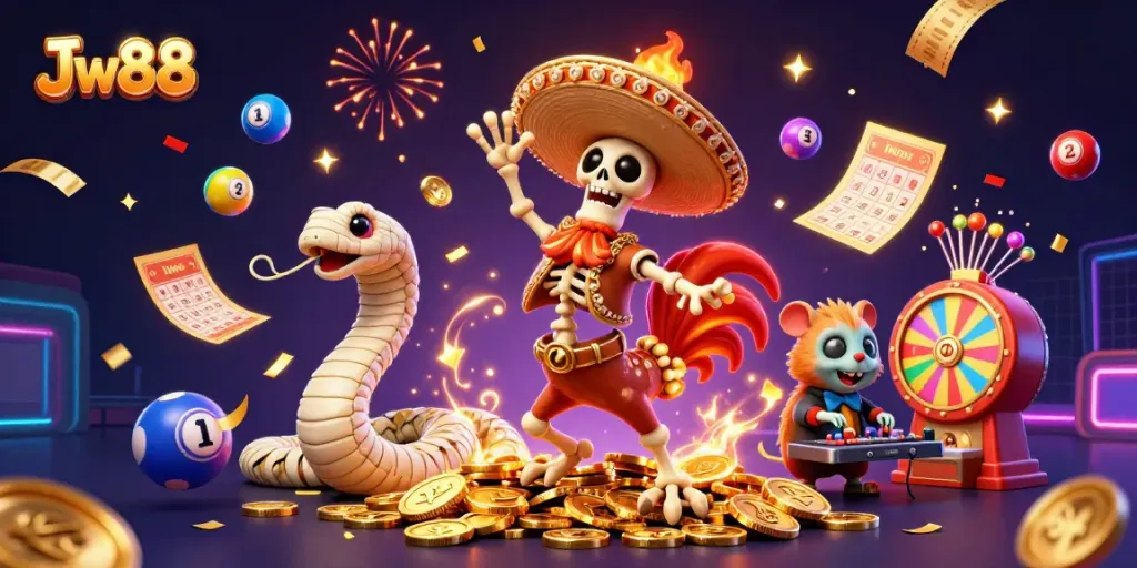 Engage with Jw88 in a vibrant celebration featuring skeleton characters, golden coins, and dynamic lottery elements.