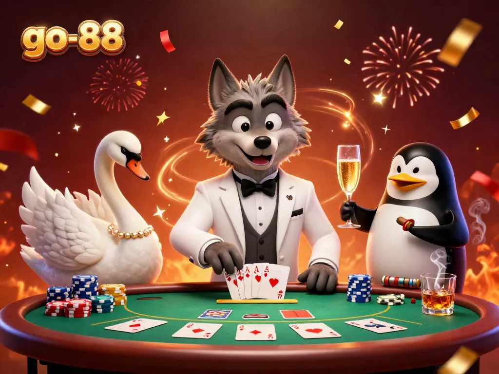 Experience the excitement of go-88 with animated characters celebrating at a baccarat table.