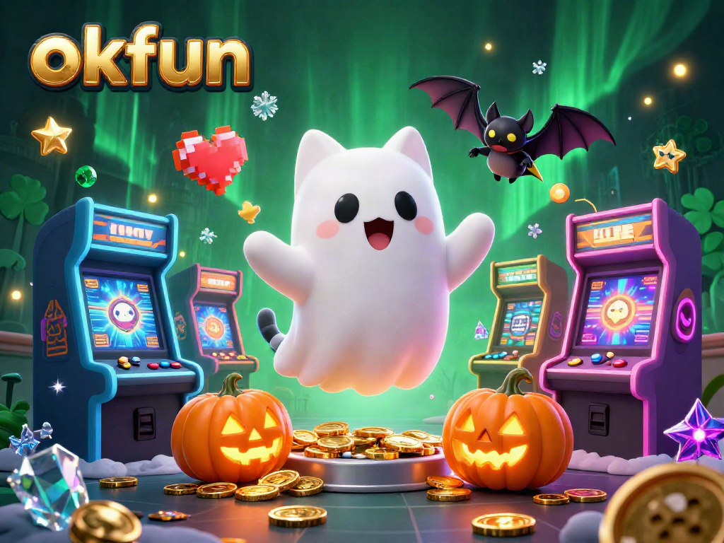 okfun enhances user experience with a lively scene of a ghost cat and vibrant casino elements.