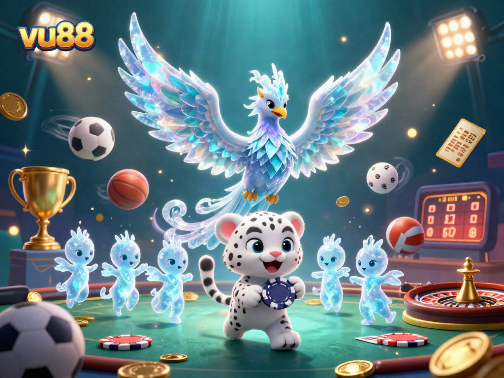 Engage with the vibrant vu88 casino world featuring an ice phoenix and interactive playful elements.