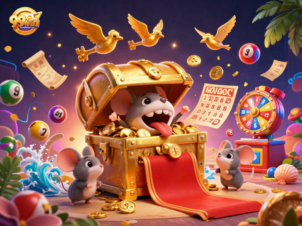 Experience the thrill of winning at 99WIN with a vibrant 3D casino illustration showcasing dynamic game elements.