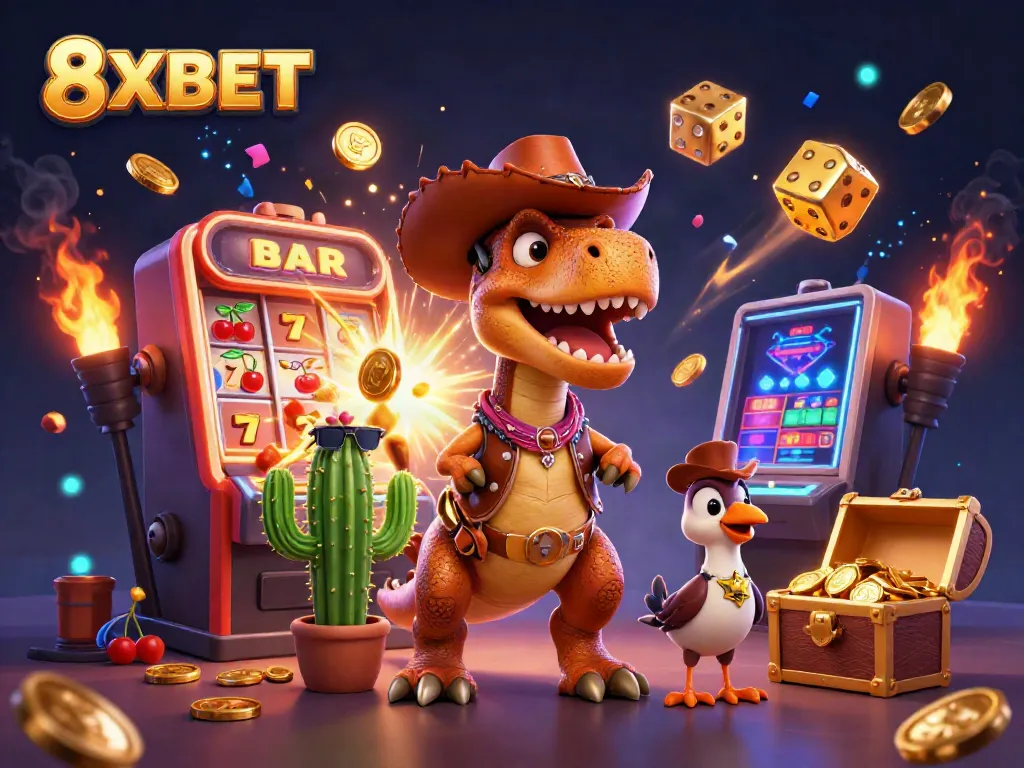 Engage in thrilling gaming at 8XBET with cartoon dinosaurs, jackpots, and vibrant casino action.