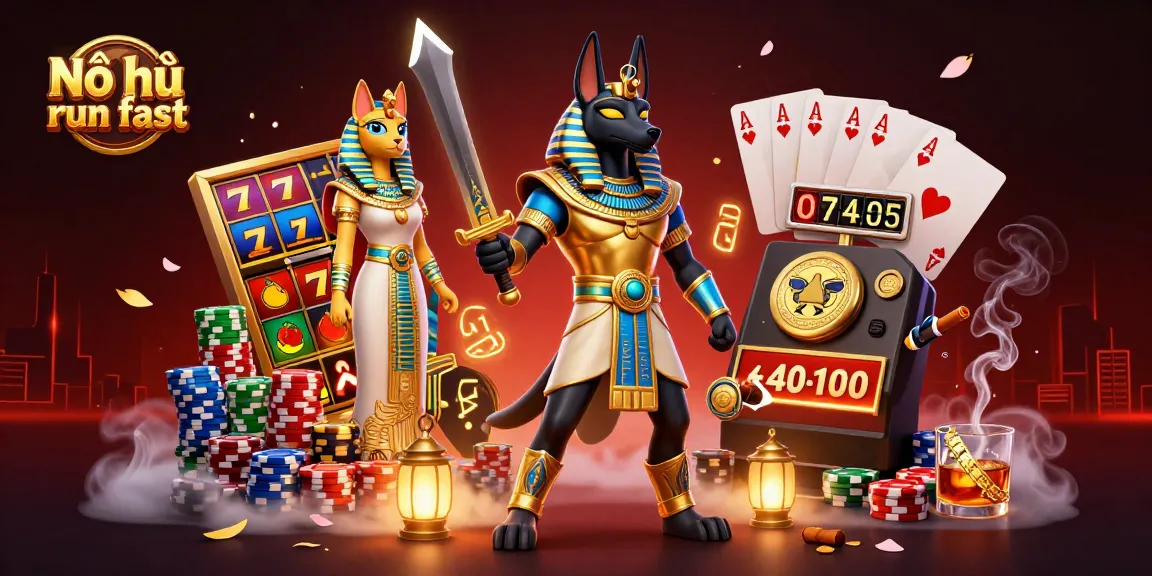 Nổ hũ run fast action with Anubis and Bastet surrounded by colorful slot elements and casino items.