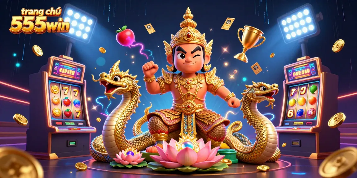 Engage with the dynamic world of 555win through this vibrant illustration featuring slot games and gambling elements.