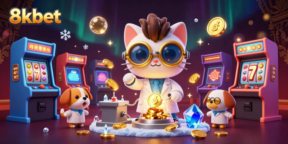 Engage with 8xbet's vibrant casino scene, featuring a mad scientist cat and assistant amidst dynamic game elements.