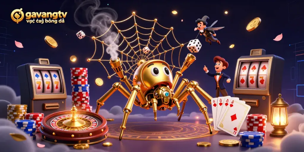 Engage in gavangtv trực tiếp bóng đá as a steampunk spider weaves golden chains and catches dice in a vibrant casino world.