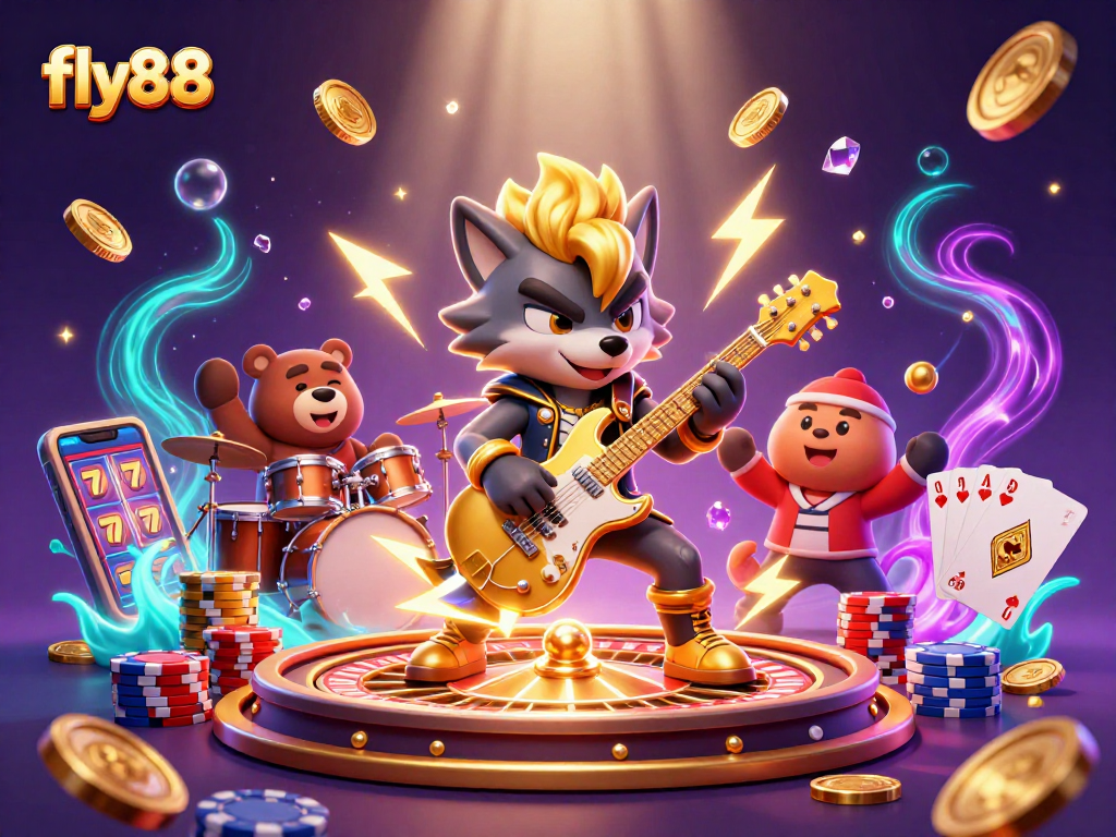 Experience the excitement of fly88 with a packed casino scene featuring a rock star wolf and vibrant gaming elements.