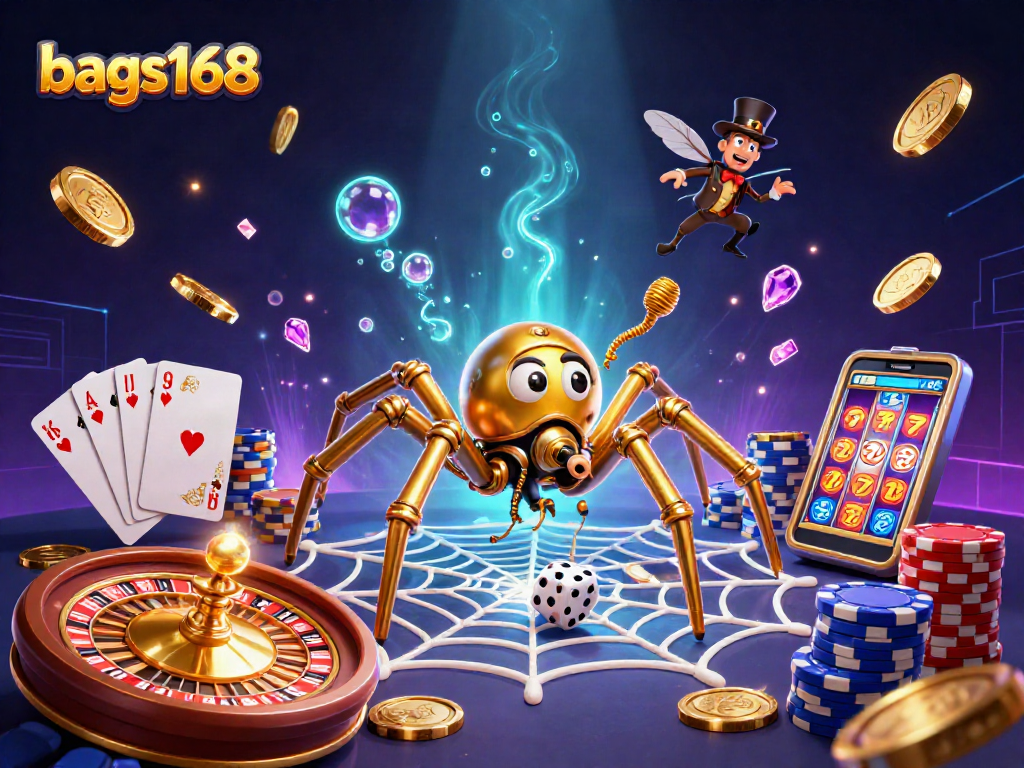 Bags168 captures thrilling casino excitement with a steampunk spider webbing golden chains and gems.