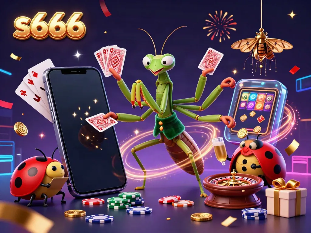 Experience the excitement of s666 with a vibrant illustrated casino scene featuring fun characters and games.