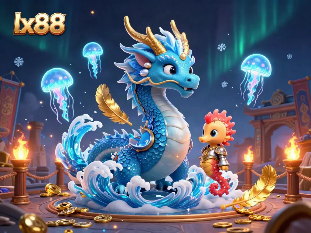 Experience breathtaking lx88 gaming adventures with a dragon, knight, and jellyfish in action.