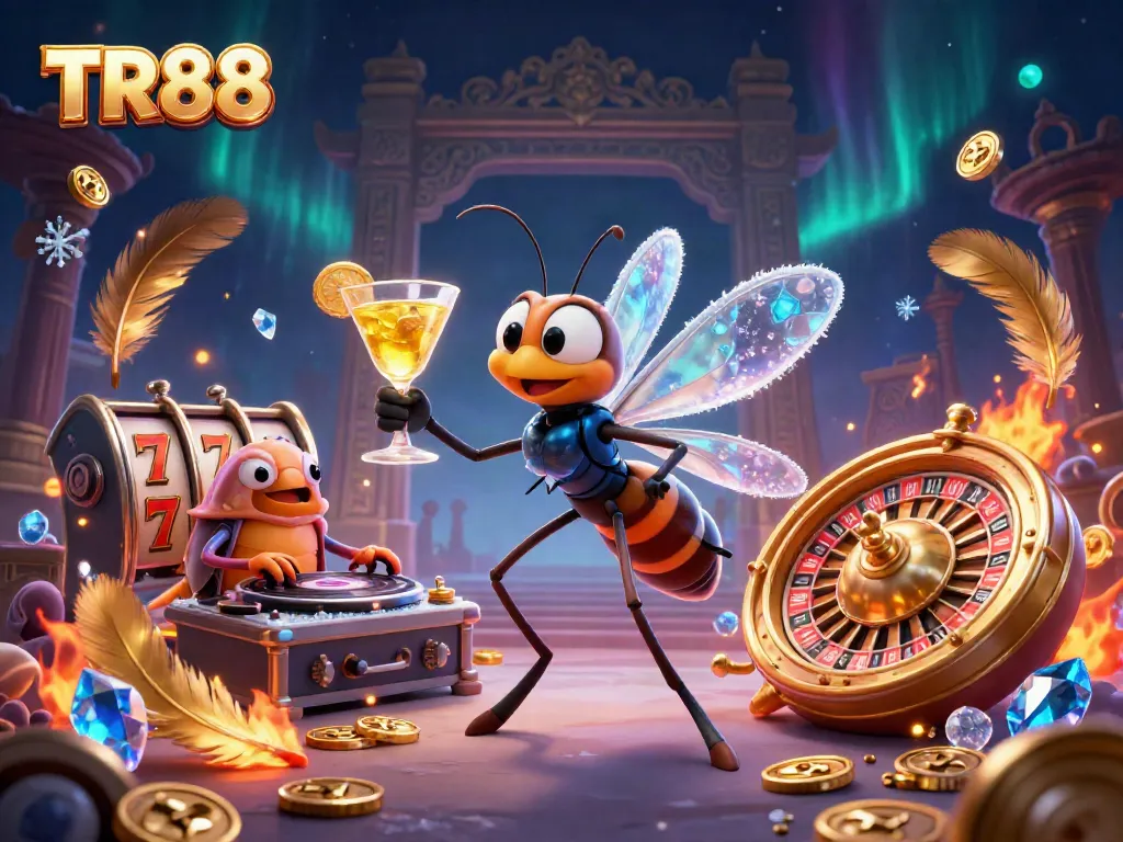 Experience thrilling excitement with TR88 in a vibrant casino scene featuring gambling elements and unique characters.