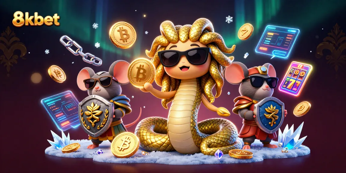Catch the excitement of 8xbet with a vivid illustration of a friendly Medusa and a warrior mouse amidst slot reels and crypto elements.