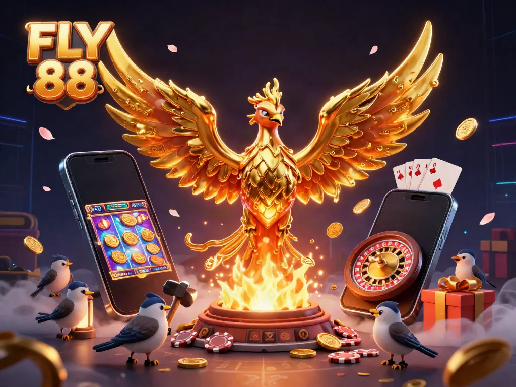 Experience the thrill of FLY 88 casino with a golden phoenix and dynamic gaming elements!