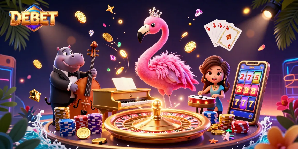 Engage with DEBET's vibrant casino scene featuring lively characters and dynamic gambling action.