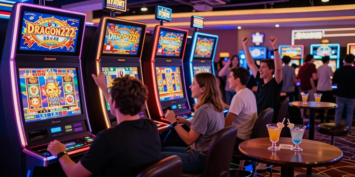 Excited players enjoying the vibrant DRAGON222 slot game in a lively casino setting.