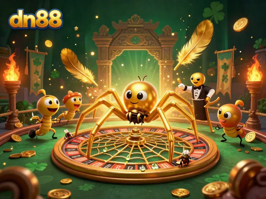 dn88 dynamic roulette-themed illustration with a spider and centipede croupiers