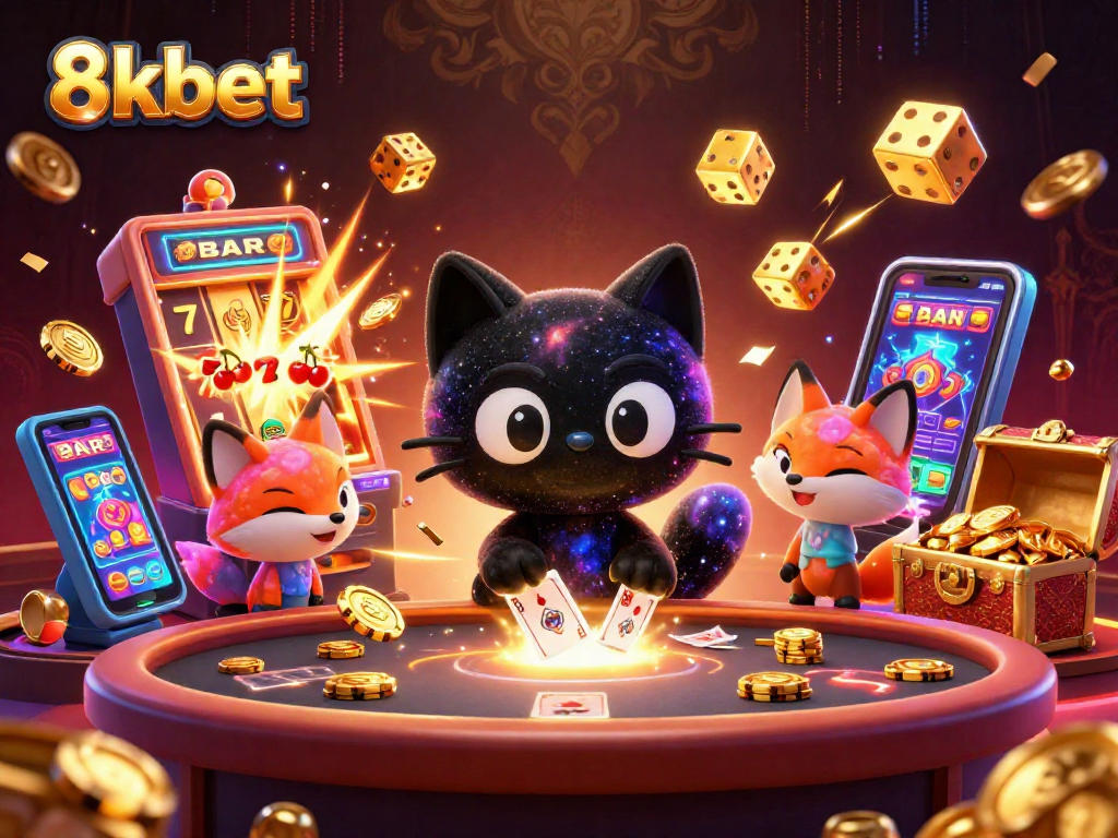 Experience excitement at 8kbet with a stunning cosmic casino scene full of vibrant characters and games.